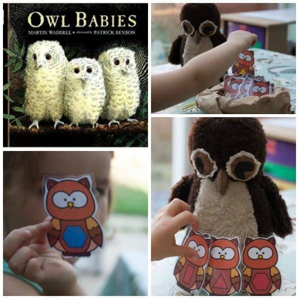 collage of Owl Babies themed shape game for preschoolers