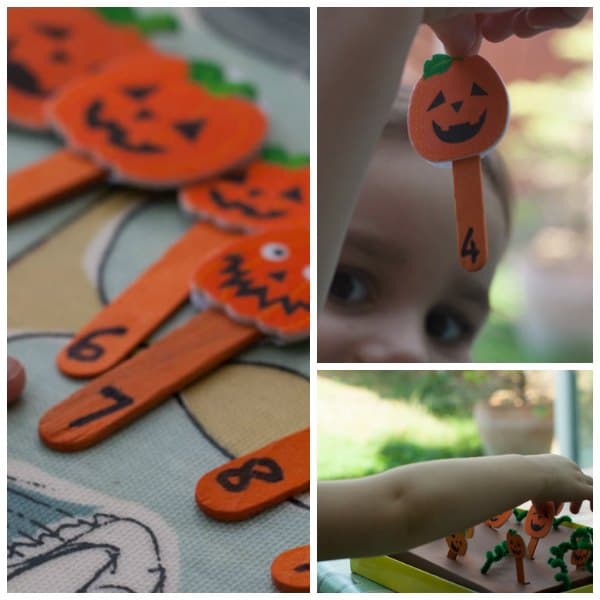 DIY pumpkin patch maths game for preschoolers to work on number recognition and basic number work shows a collage of different elements, the pumpkins on craft sticks with numbers then a child showing off number 4 on the stick as well as picking the pumpkins from the patch.
