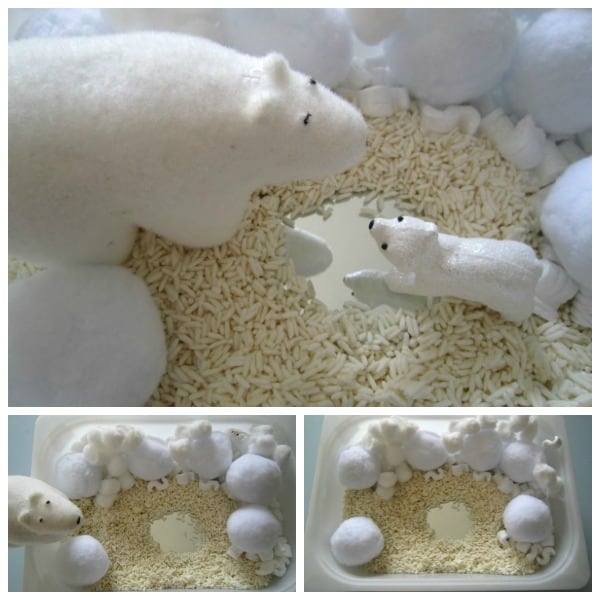 collage of a simple polar themed "cold" sensory bin for Christmas play with toddlers
