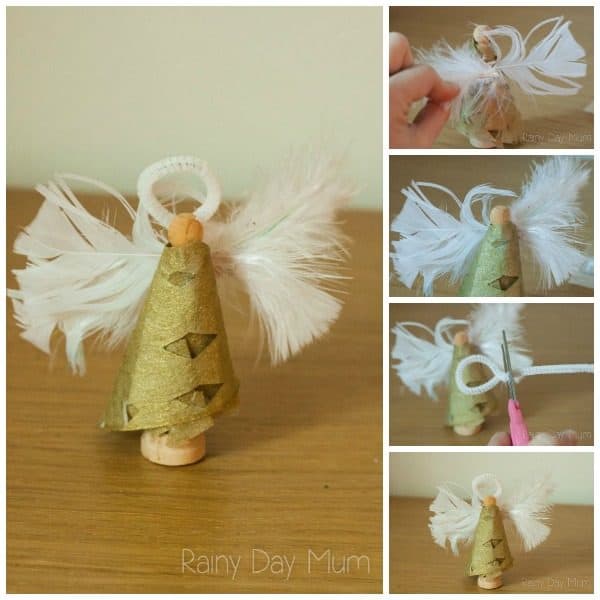 Simple DIY Wooden Peg Doll Angels to make with the kids to decorate the tree this Christmas. Ideal for a Nativity-themed craft for preschool or kindergarten