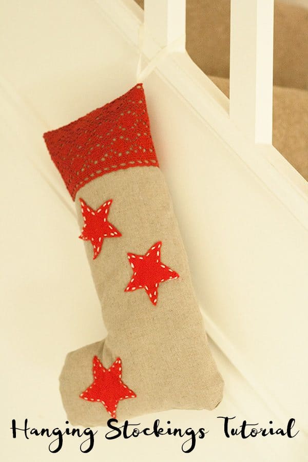 Easy sewing project for beginners using a machine to create a Rustic Stocking that can be hung to decorate the home at Christmas. Full tutorial!