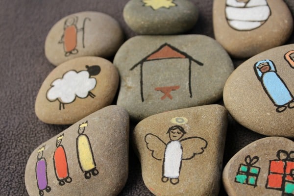 collection of nativity story stones made by hand for kids to retell the story of the Jesus' birth