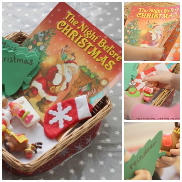 collage of a toddler playing in a Christmas themed story basket
