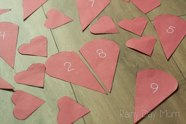 Valentines Times themed preschool maths activity. Match the pieces of the broken hearts together to form numbers bonds of 10