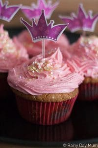 Simple to follow recipe to make princess sparkle cupcakes with a sweet pink vanilla buttercream frosting ideal for Princess Party food.