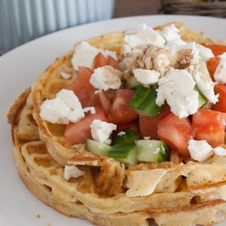 Homemade Greek Waffles, a savoury waffle recipe ideal for lunch or light family supper. With Feta cheese and a simple Greek Salad