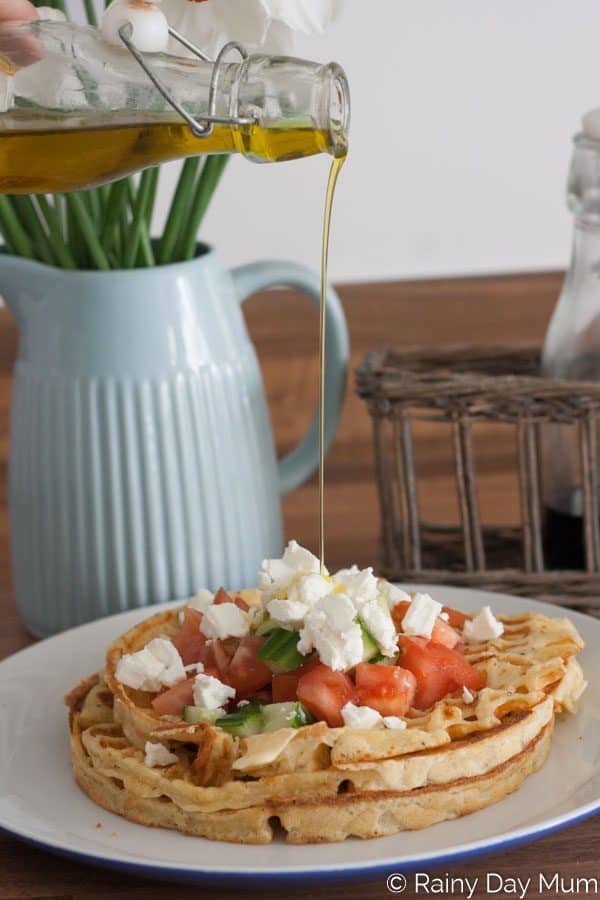 Homemade Greek Waffles, a savoury waffle recipe ideal for lunch or light family supper. With Feta cheese and a simple Greek Salad