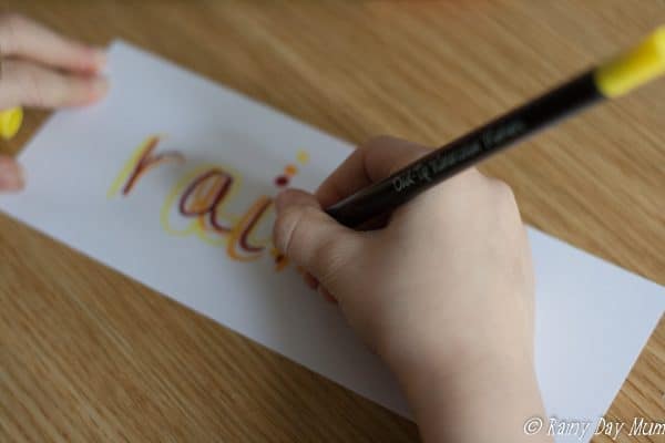 Rainbow words a simple literacy activity that can be used with children from toddler onwards. Use for pre-writing, letter formation, and spelling practice.