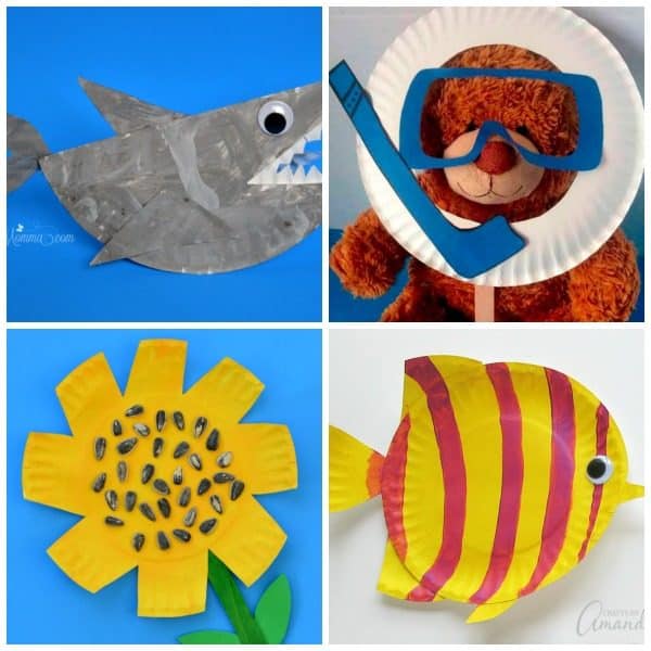 Collage of 4 simple summer paper plate crafts for kids of all ages, a shark, scuba mask, sunflower and colourful fish.