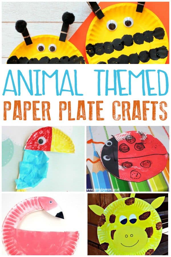 collection of animal themed paper plate crafts for kids - bubble bees, parrot, ladybugs, flamingo and giraffe
