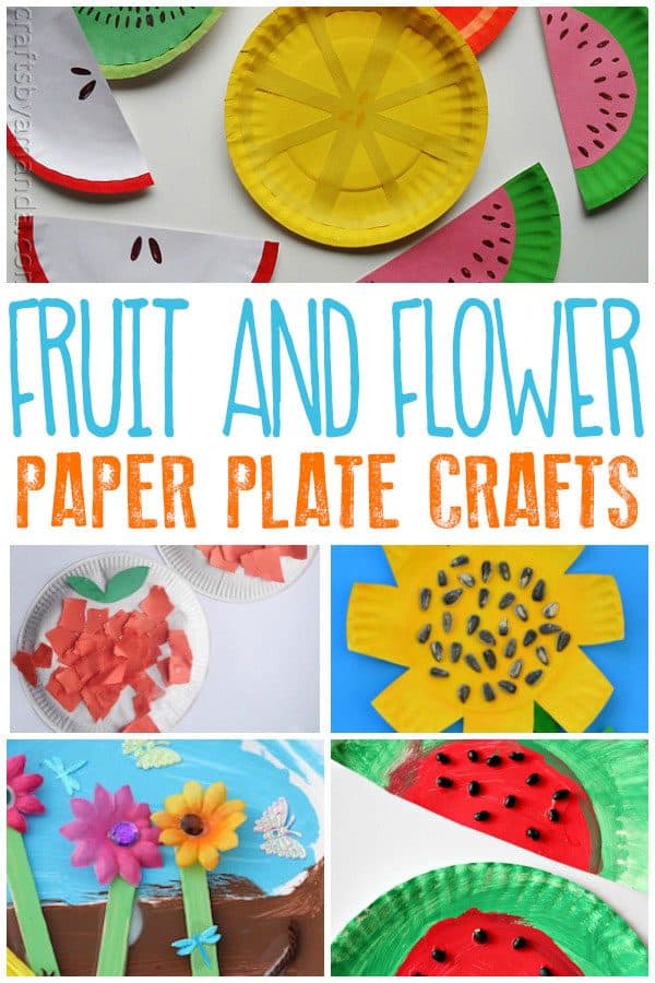 collage of fruit and flower paper plate crafts from collection of apples and sunflowers to water melons and a garden on a paper plate