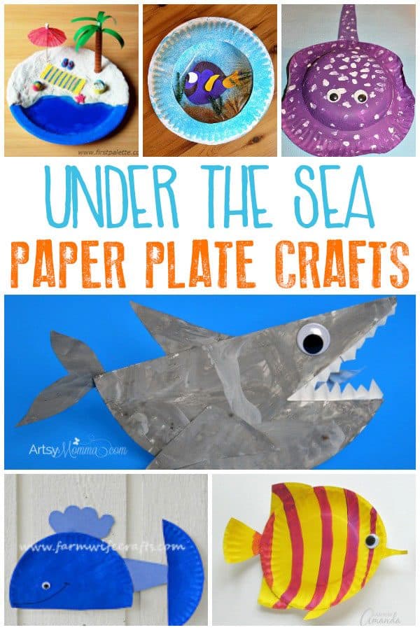 Collage of under the sea paper plate crafts for kids - 3 on the top, a beach scene, aquarium with Dory from Finding Nemo, a stingray, then a big shark below a whale and tropical fish