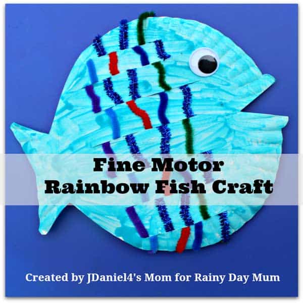 Simple fine motor activity and paper plate craft for kids to make and do inspired by the book The Rainbow Fish by Marcus Pfister.
