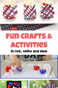 collage of fun recipes, crafts and activities for kids in red white and blue