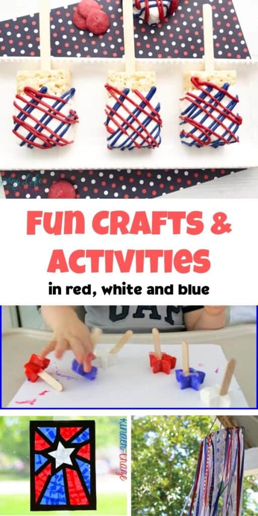 collage of fun recipes, crafts and activities for kids in red white and blue