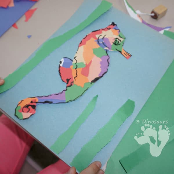 Inspired by the book Mister Seahorse by Eric Carle create beautiful colourful seahorses from torn paper and stencils in this simple art project.