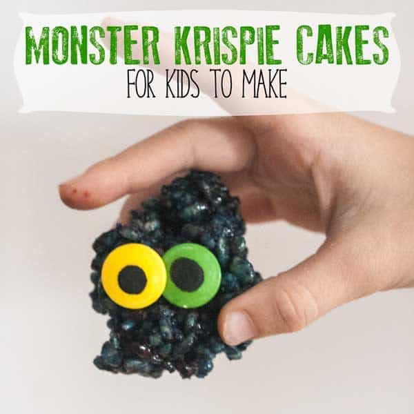 Try this 3-ingredient recipe ideal for kids and you to bake together to make some not so scary monster Krispie cakes perfect for Halloween Treats. Inspired by the book Go Away Big Green Monster by Ed Emberley a fun way to make monsters ever so not scary. #cookingwithkids #halloweenrecipe #kidsinthekitchen #vbcforkids