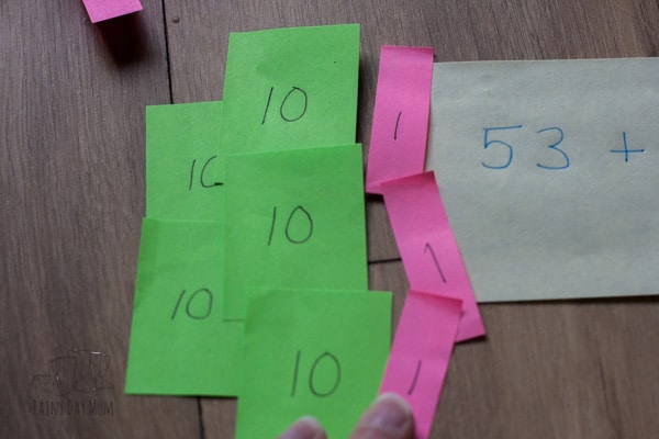 Hands-on mathematics to solve simple addition and subtraction problems with 2-Digits using partitioning and Post-it Notes.