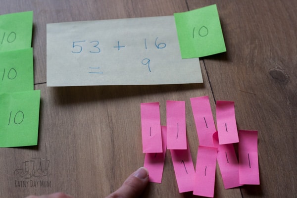 Hands-on mathematics to solve simple addition and subtraction problems with 2-Digits using partitioning and Post-it Notes.