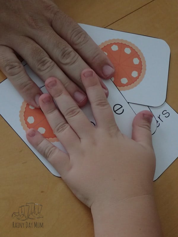 Snap, matched pumpkin pie fractions with child and adult hand