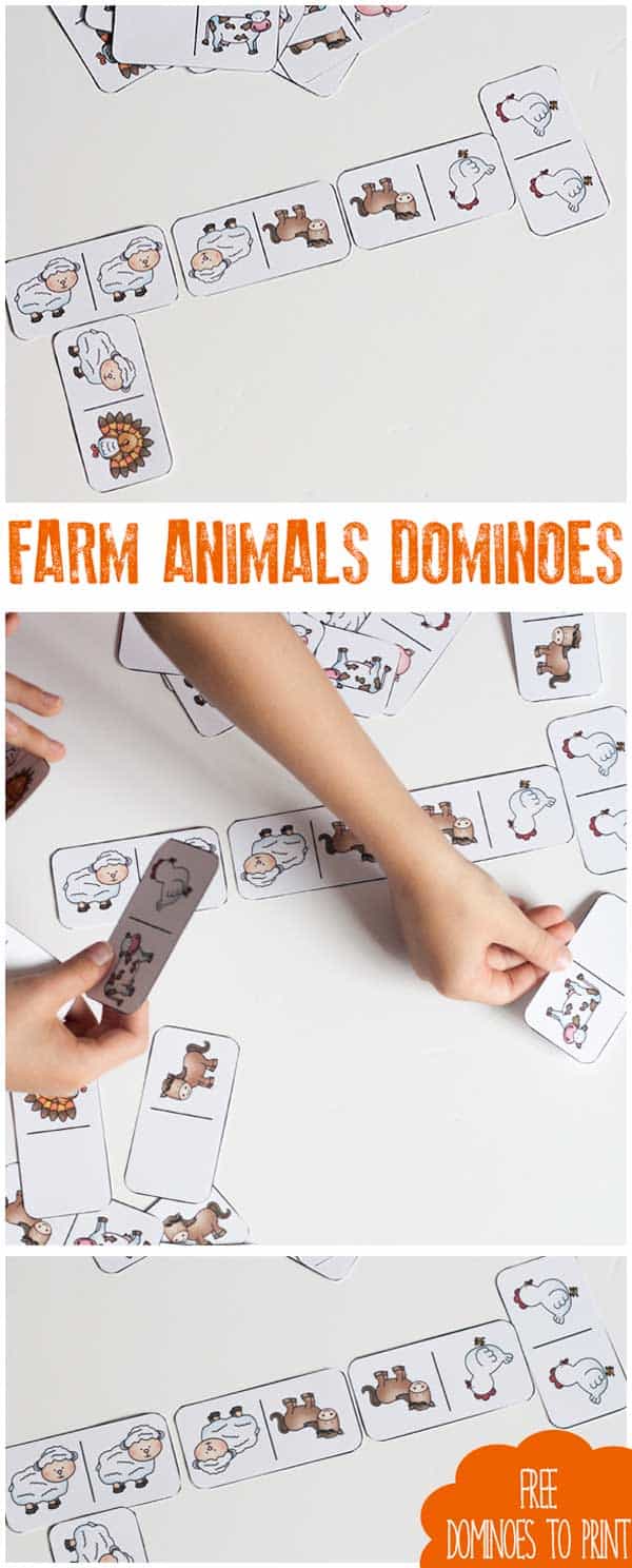 Pinnable long collage image for kids playing with Farm Animal Dominoes