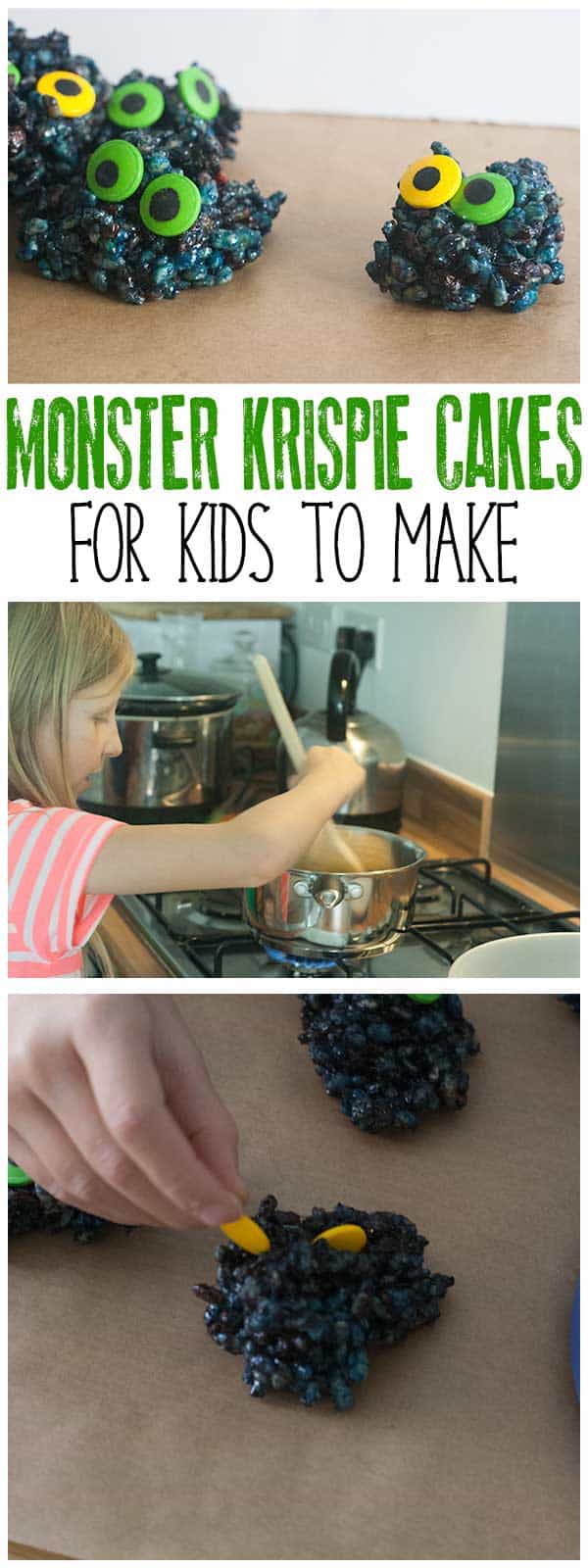 Try this 3-ingredient recipe ideal for kids and you to bake together to make some not so scary monster Krispie cakes perfect for Halloween Treats. Inspired by the book Go Away Big Green Monster by Ed Emberley a fun way to make monsters ever so not scary. #cookingwithkids #halloweenrecipe #kidsinthekitchen #vbcforkids