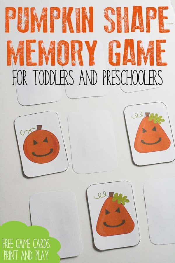 Pumpkin themed shape game for toddlers and preschoolers. Inspired by the book Five Little Pumpkins this memory game can be Printed and Played with for FREE. #vbcforkids #totschool #preschoolathome