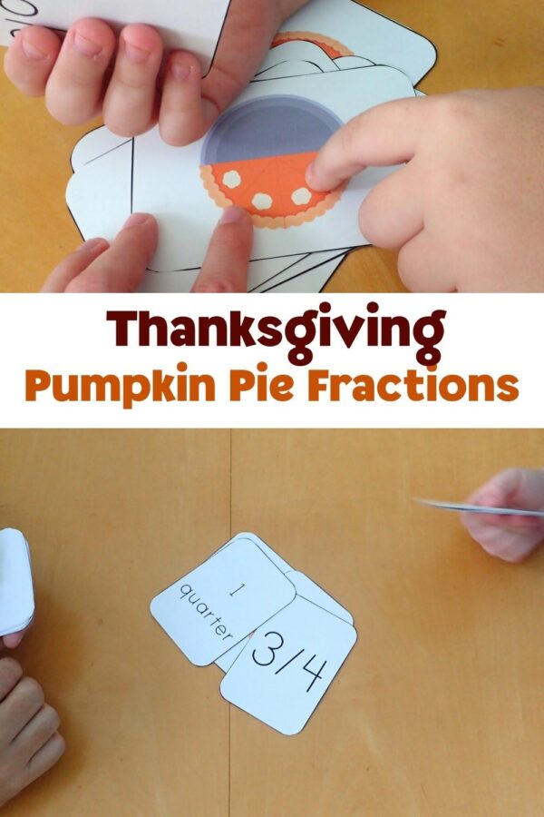 Pinterest image for a pumpkin pie fractions game for early elementary
