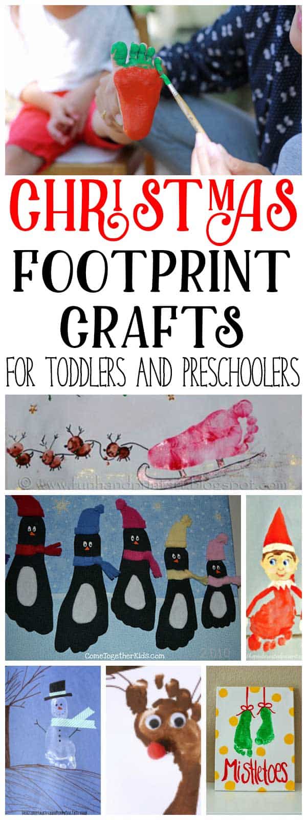 Fun Christmas footprint crafts and pictures to make with toddlers and preschoolers as you countdown to Christmas and get creative together.
