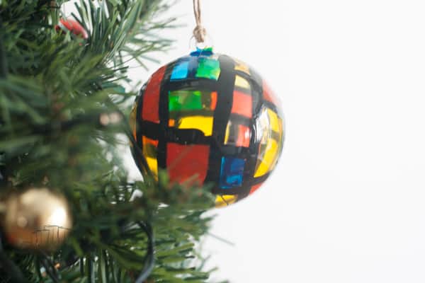 Colourful and bright Mondrian Inspired Christmas Bauble decorations for the tree for Kids to Make for the festive season. 