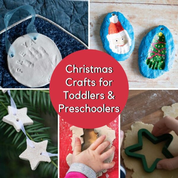 collage of different Christmas crafts to do with toddlers and preschoolers including salt dough ornaments, hand and foot print crafts and even cookies and bakes
