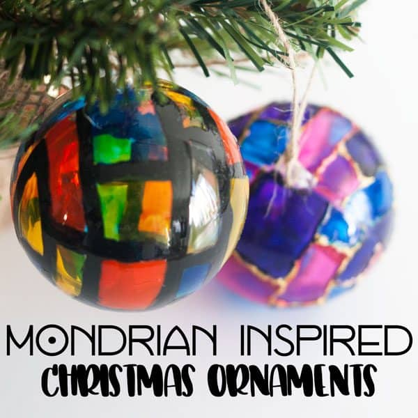 Colourful and bright Mondrian Inspired Christmas Bauble decorations for the tree for Kids to Make for the festive season.