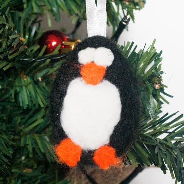 needle felted penguin ornament for the tree
