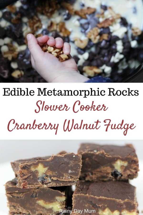 Edible science experiment to make Slow Cooker Walnut and Cranberry Fudge as an example of Metamorphic Rocks