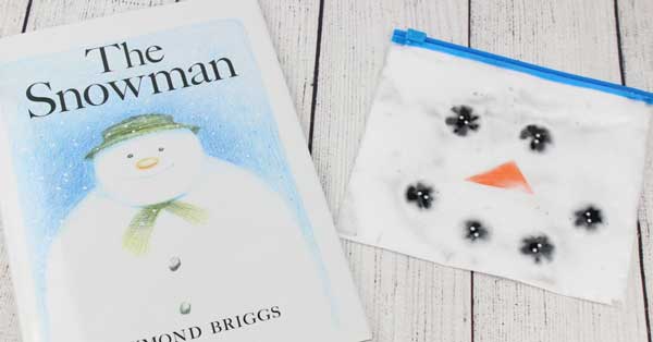 Create your own sensory bag based on the classic picture book The Snowman by Raymond Briggs. Use the melted snowman for some sensory mess free play.