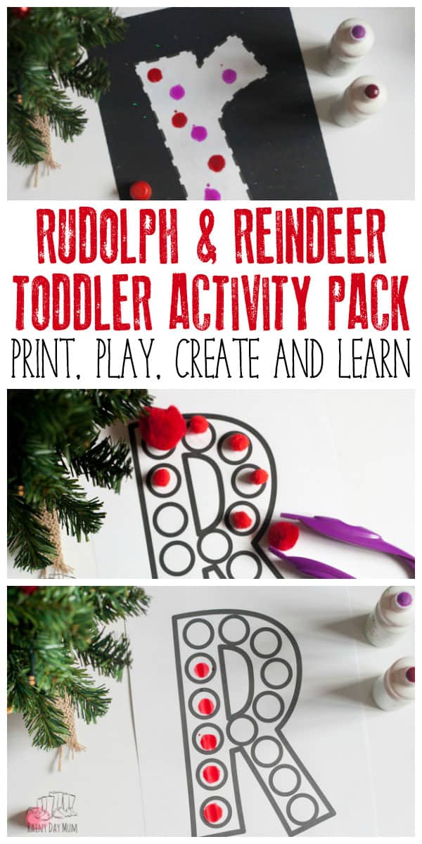 Rudolph and Reindeer Toddler Activity Pack to print, play, create and learn with. Free resource for Christmas letter "r" learning and fun.