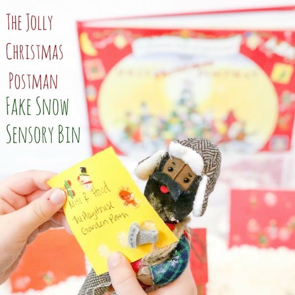Full instructions on creating a Christmas Sensory Bin inspired by the classic children's Christmas book The Jolly Christmas Postman by Allan and Janet Ahlberg.