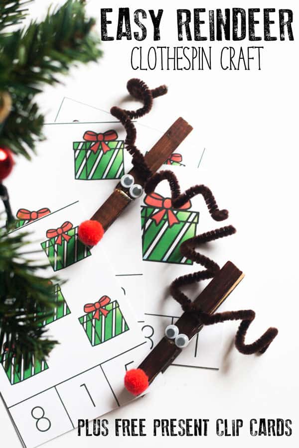 Simple Christmas craft for kids of all ages to make to create reindeer clothespin ornaments. Plus free Present counting clip cards to use with the reindeer.
