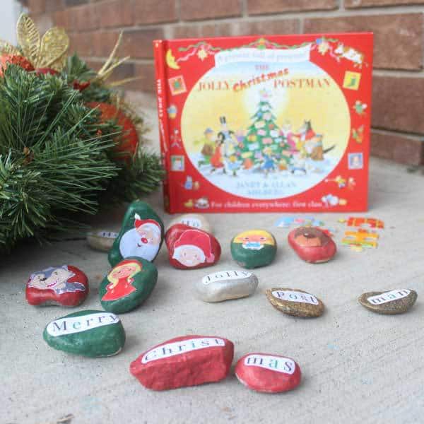 DIY Story Stones for Early Literacy inspired by the classic Christmas picture book The Jolly Christmas Postman by Allan and Janet Ahlberg.