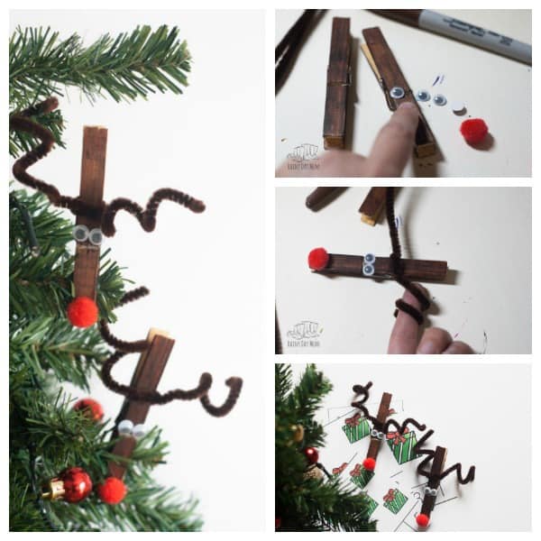 Simple Christmas craft for kids of all ages to make to create reindeer clothespin ornaments. Plus free Present counting clip cards to use with the reindeer.
