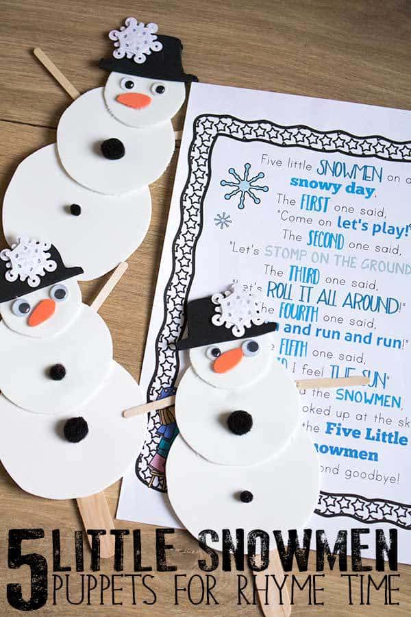 DIY Snowmen Puppets ideal for using when singing the Winter Nursery Rhyme Five Little Snowmen. Full step by step instructions to create puppets that toddlers and preschoolers can use for Winter Rhyme Time.