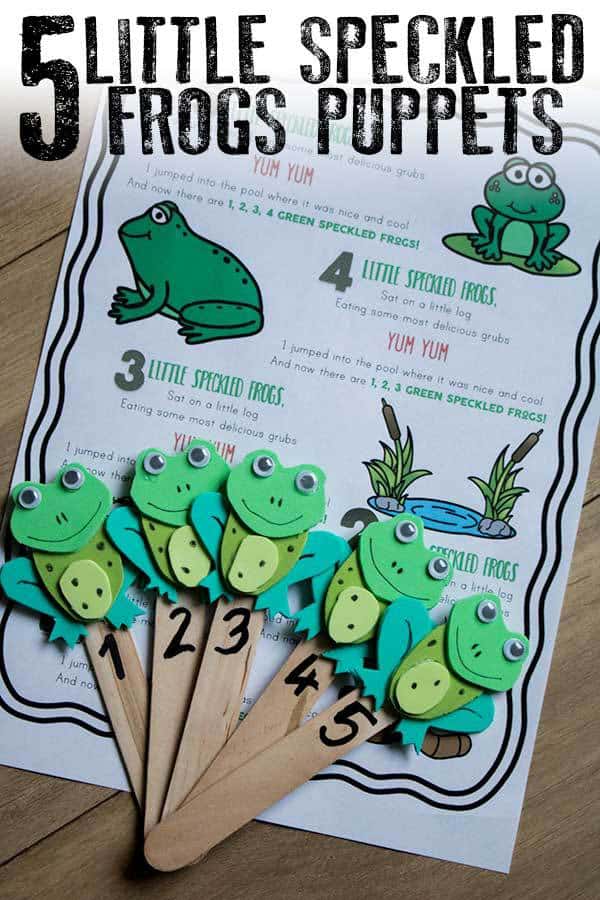 five little speckled frogs free printable counting rhyme words with DIY craft foam frog puppets that kids can use to sing along with the rhyme