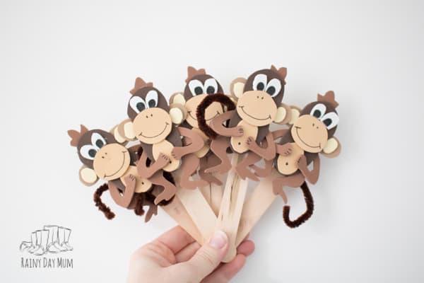 Get creative and make these 5 little monkey puppets to use when singing the popular children's rhyme Five Little Monkeys Jumping on the Bed. Template to create these easy craft foam puppets included to download.