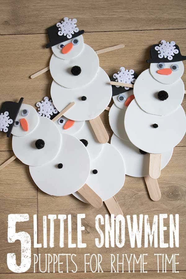DIY Snowmen Puppets ideal for using when singing the Winter Nursery Rhyme Five Little Snowmen. Full step by step instructions to create puppets that toddlers and preschoolers can use for Winter Rhyme Time.