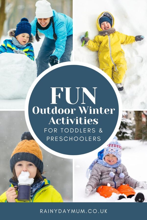 collage of some simple and free outdoor winter activities for toddlers including snowman building, snow angles, sleding and snow ice cream