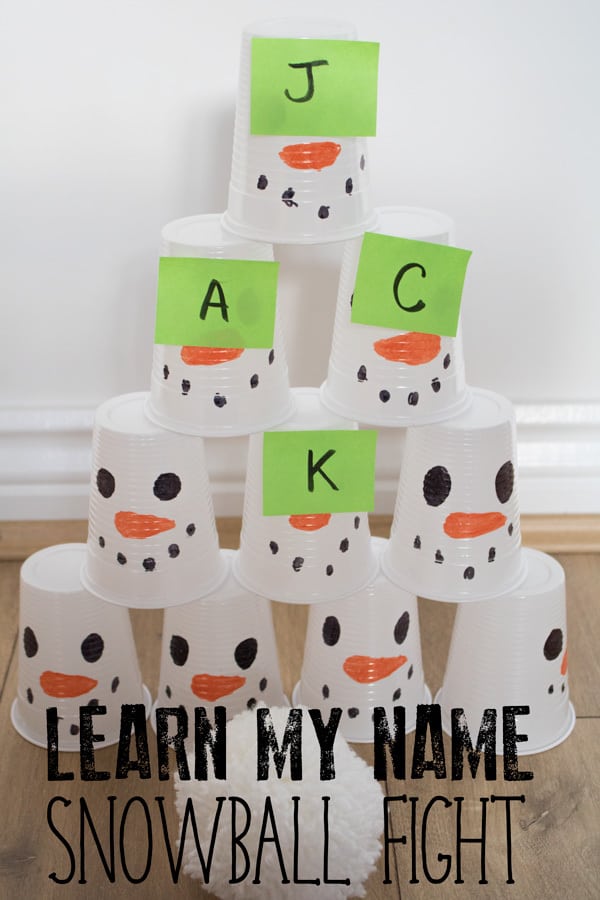 Fun indoor game for toddlers and preschoolers to work on learning to read, write and spell their names. Hit the snowmen and spell out their name, perfect to accompany The Snowy Day by Ezra Jack Keats.