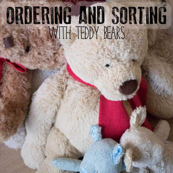 Bear themed math activity for toddlers and preschoolers inspired by Bear Snores on by Karma Wilson and ideal for a hibernation, winter or bear themed week. Ordering and sorting bears from the soft toy collection.