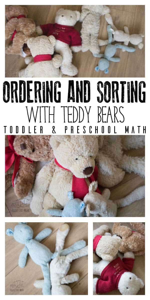 Bear themed math activity for toddlers and preschoolers inspired by Bear Snores on by Karma Wilson and ideal for a hibernation, winter or bear themed week. Ordering and sorting bears from the soft toy collection.