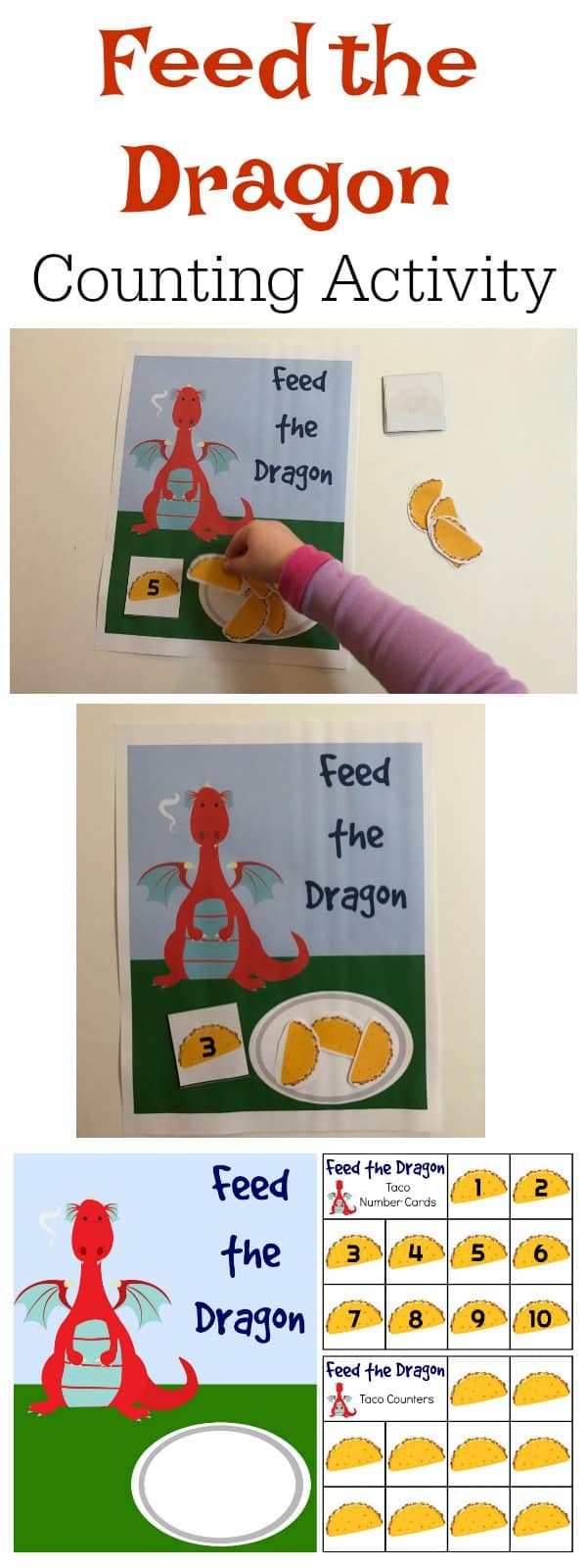 Simple math games for toddlers and preschoolers inspired by the fantastic children's storybook Dragons Love Tacos. Working on 1 to 1 correspondence feed the dragon the correct number of Tacos. Includes free printable.