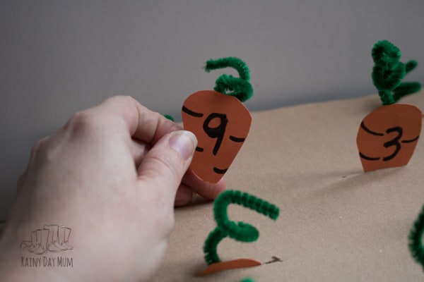 Count and pick the carrots out of the DIY maths game inspired by the classic The Tale of Peter Rabbit. Ideal for Toddles and Preschoolers this game works on early number work including counting, number recognition, one more, addition and number bonds.